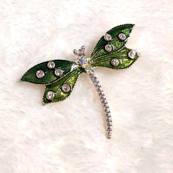 Vintage 90's Enameled Dragonfly Brooche w/ Rhinestone Accents - Picture 4 of 7